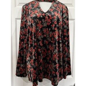 Suzanne Betro Floral Stretch Velour Bell Sleeve Tunic Top Keyhole Neck Plus 1X